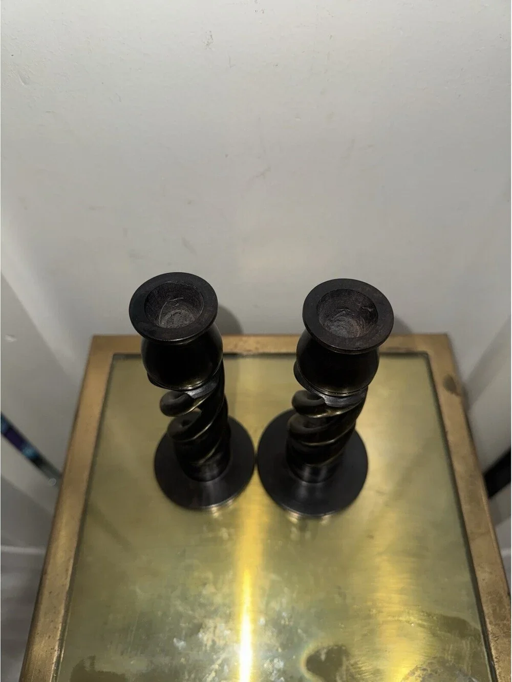 Pair of vintage hand carved African ebony twist candlesticks